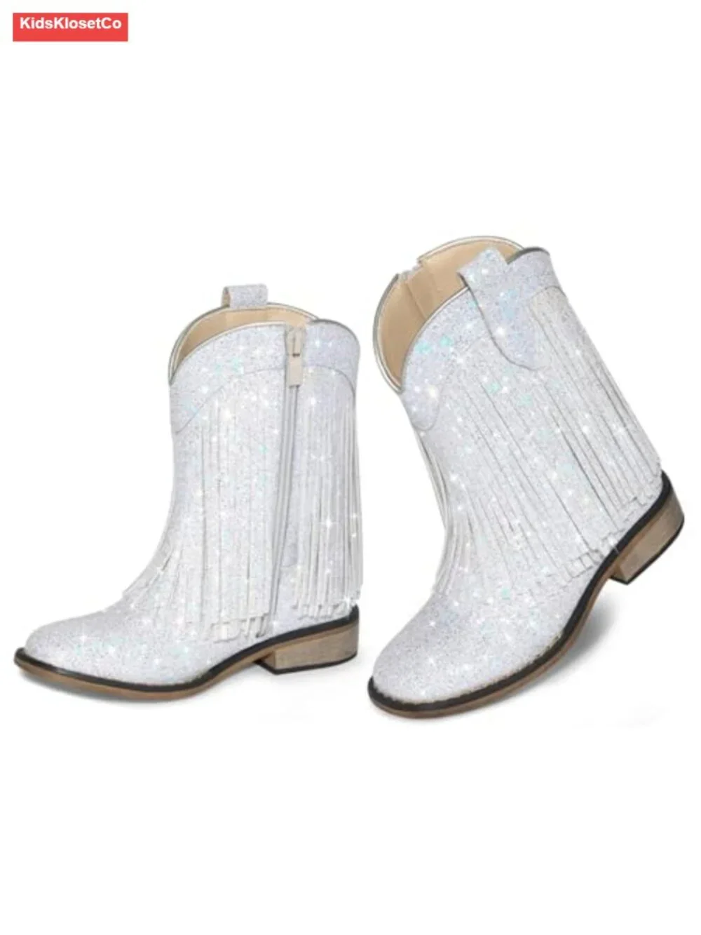 Square Toe Fringe Cowgirl Boots with Glitter, Non-Slip Outsole, Side Zipper